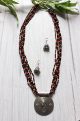 Black and Orange Glass Beaded Warrior Pendant Necklace Set