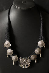 Black Thread Braided Metal Charms Embellished Choker Necklace Set