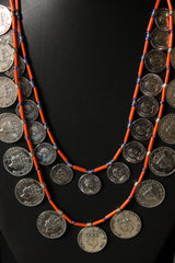 2 Layer Vintage Stamped Coins Necklace Set with Glass Beads