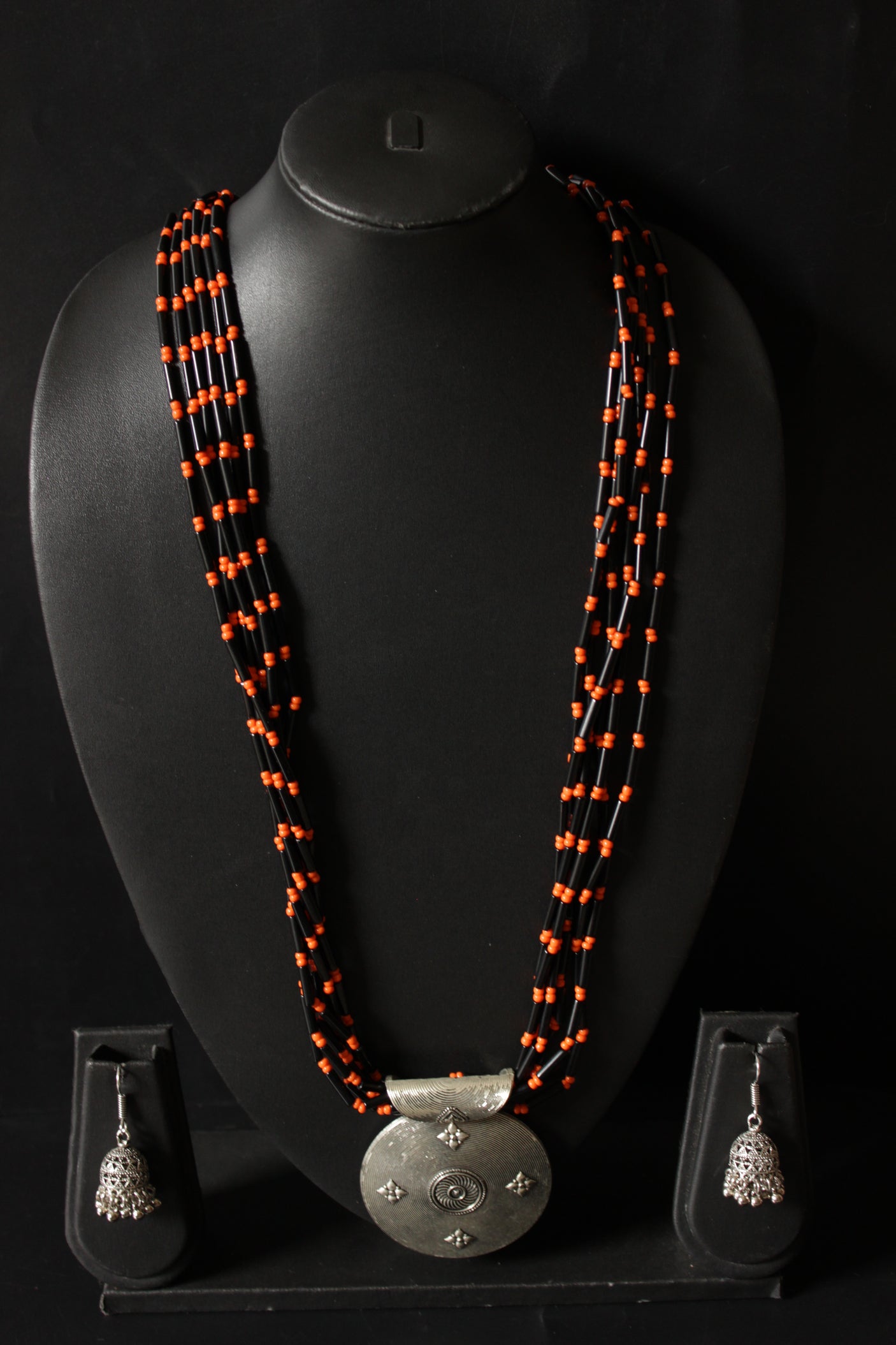 Black and Orange Glass Beaded Warrior Pendant Necklace Set