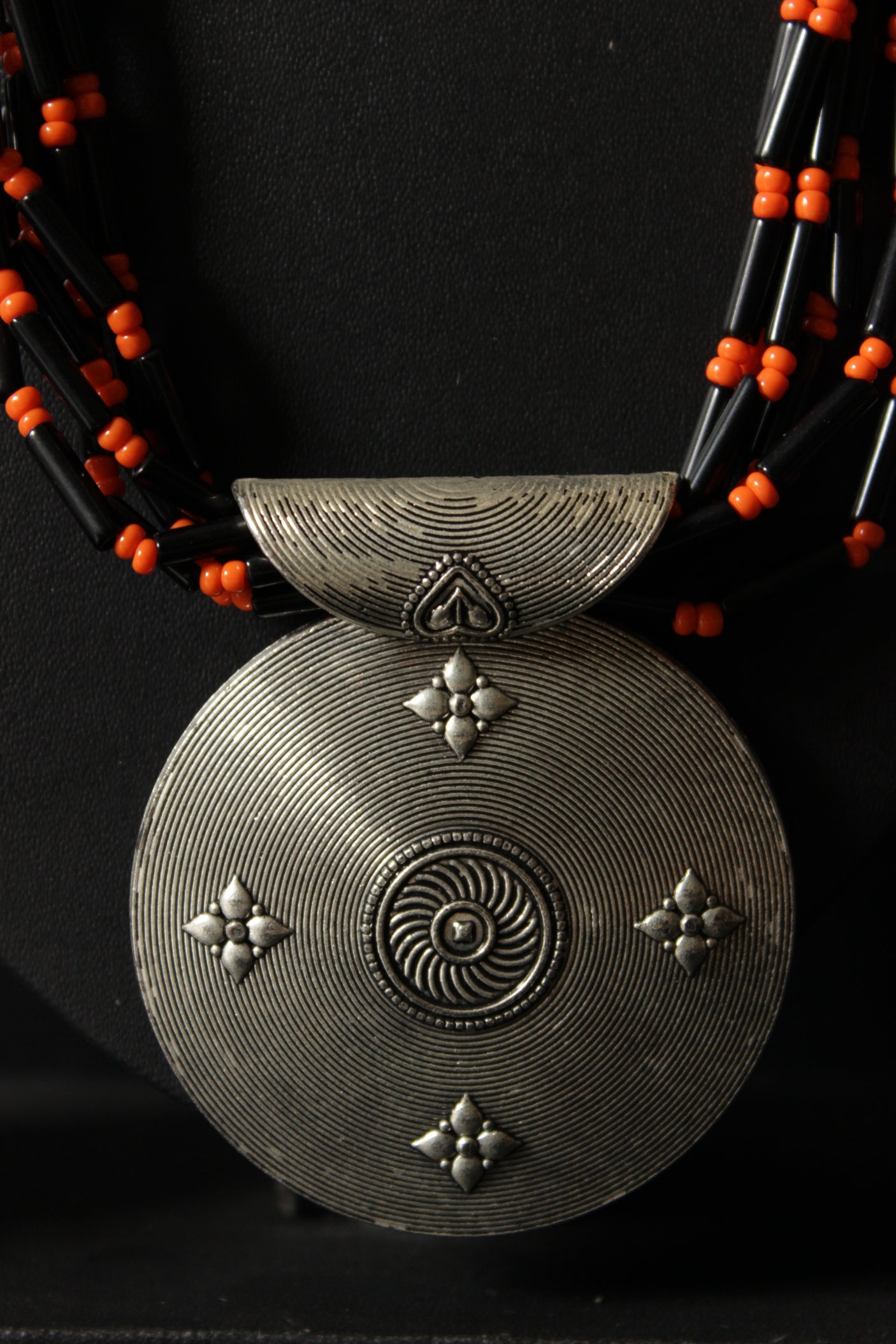 Black and Orange Glass Beaded Warrior Pendant Necklace Set
