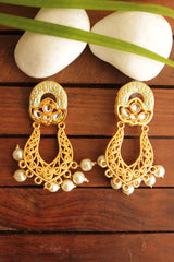 Delicate Kundan Stones Embedded Turquoise Hand Painted Meenakari Work Gold Toned Brass Earrings