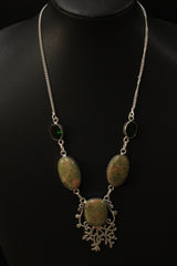 Unakite Chrome Diopside Quartz Natural Gemstone Embedded Silver Plated Necklace