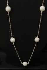 Faceted White Coral Quartz Gemstone Embedded Silver Plated Bezel Connector Chain Necklace