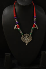 Multi-Color Fabric Beads Paan Shape Pendant Braided Threads Necklace Set