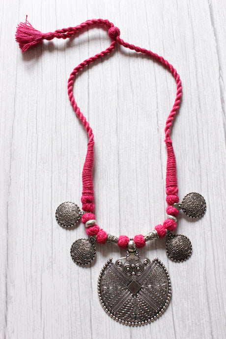 Intricately Detailed Metal Pendant and Charms Pink Thread Braided Necklace