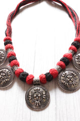 Black and Red Fabric Beads Flower Motifs Metal Charms Necklace