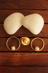 Set of 3 White Pearls Embedded Gold Finish Brass Stud Earrings and Adjustable Finger Ring