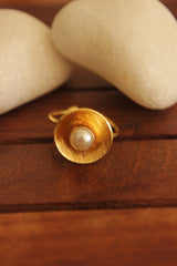 Set of 3 White Pearls Embedded Gold Finish Brass Stud Earrings and Adjustable Finger Ring