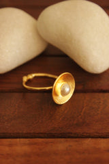 Set of 3 White Pearls Embedded Gold Finish Brass Stud Earrings and Adjustable Finger Ring