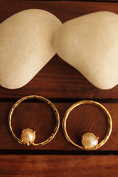 Set of 3 White Pearls Embedded Gold Finish Brass Stud Earrings and Adjustable Finger Ring