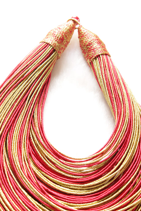 Muted Beige and Red Handmade Silk Threads Multi-Layer Statement African Choker Necklace