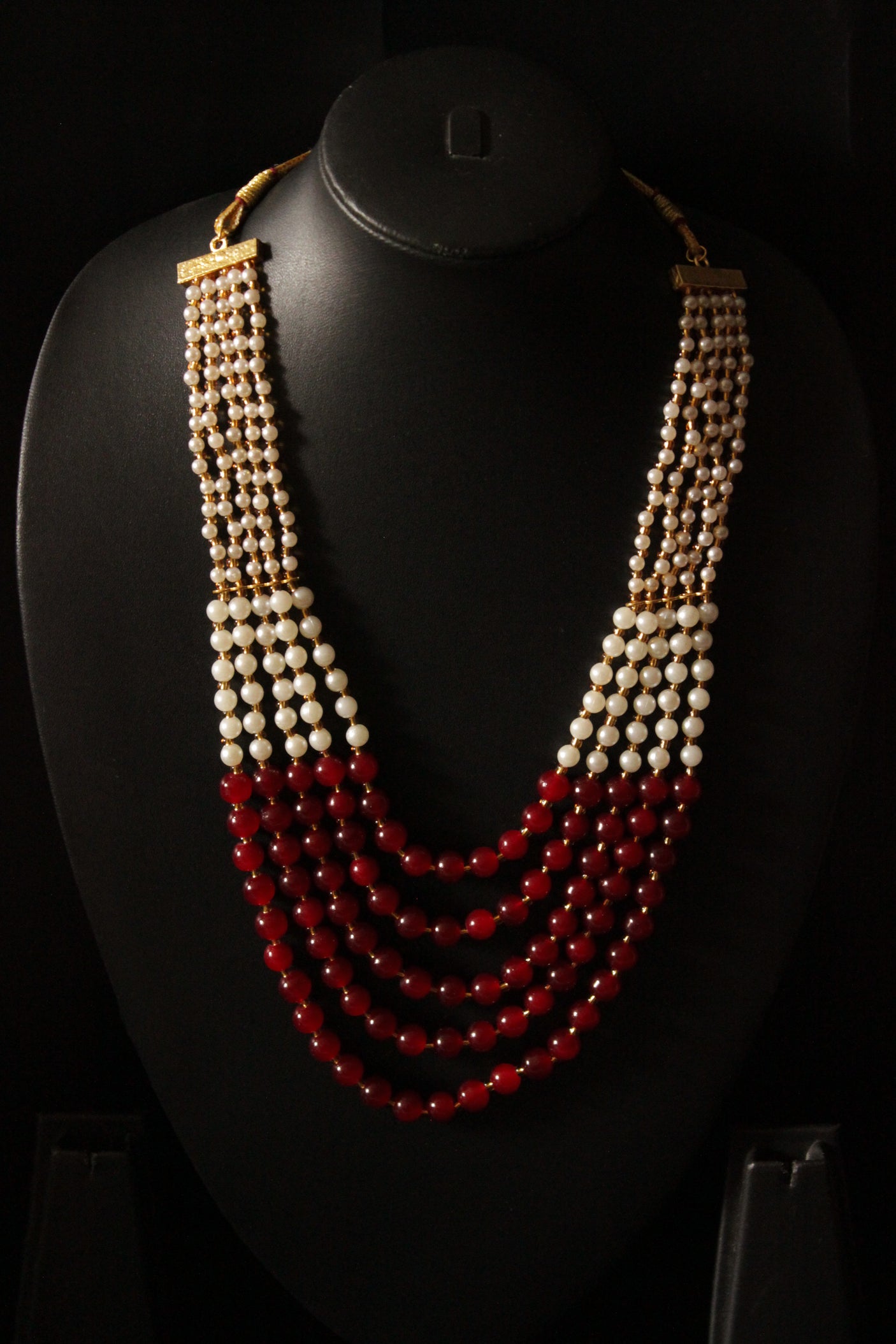 Red and White Glass Beads Braided with Gold Metal Beads 5 Layer Gold Finish Necklace