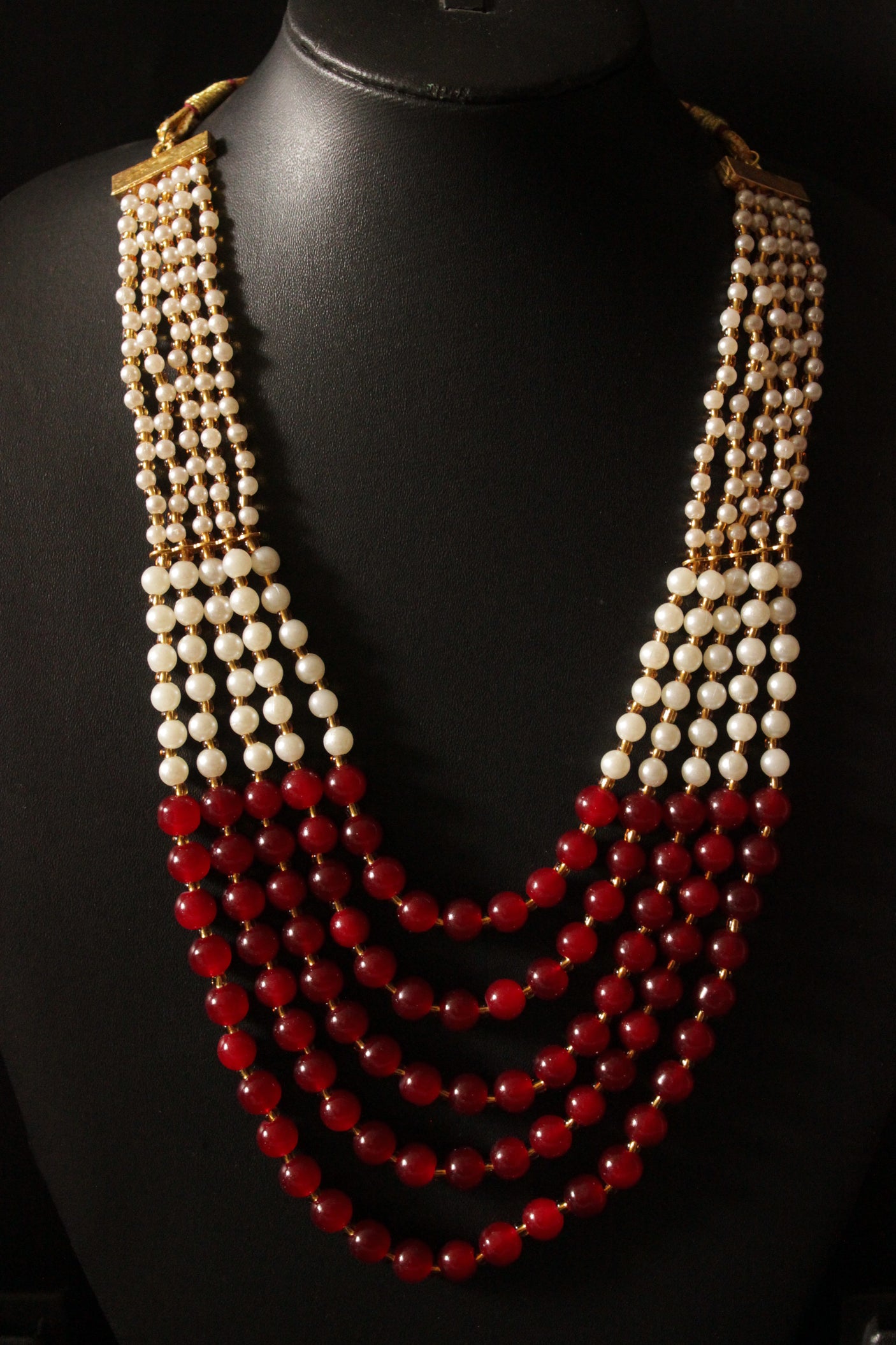 Red and White Glass Beads Braided with Gold Metal Beads 5 Layer Gold Finish Necklace