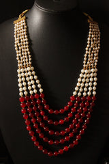 Red and White Glass Beads Braided with Gold Metal Beads 5 Layer Gold Finish Necklace