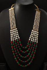 Red, Green and White Glass Beads Braided with Gold Metal Beads 5 Layer Gold Finish Necklace