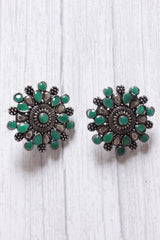 Green Stones Embedded Oxidised Silver Finish Statement Stud Earrings