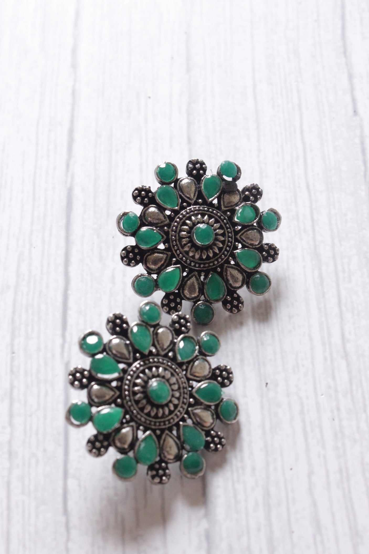 Green Stones Embedded Oxidised Silver Finish Statement Stud Earrings