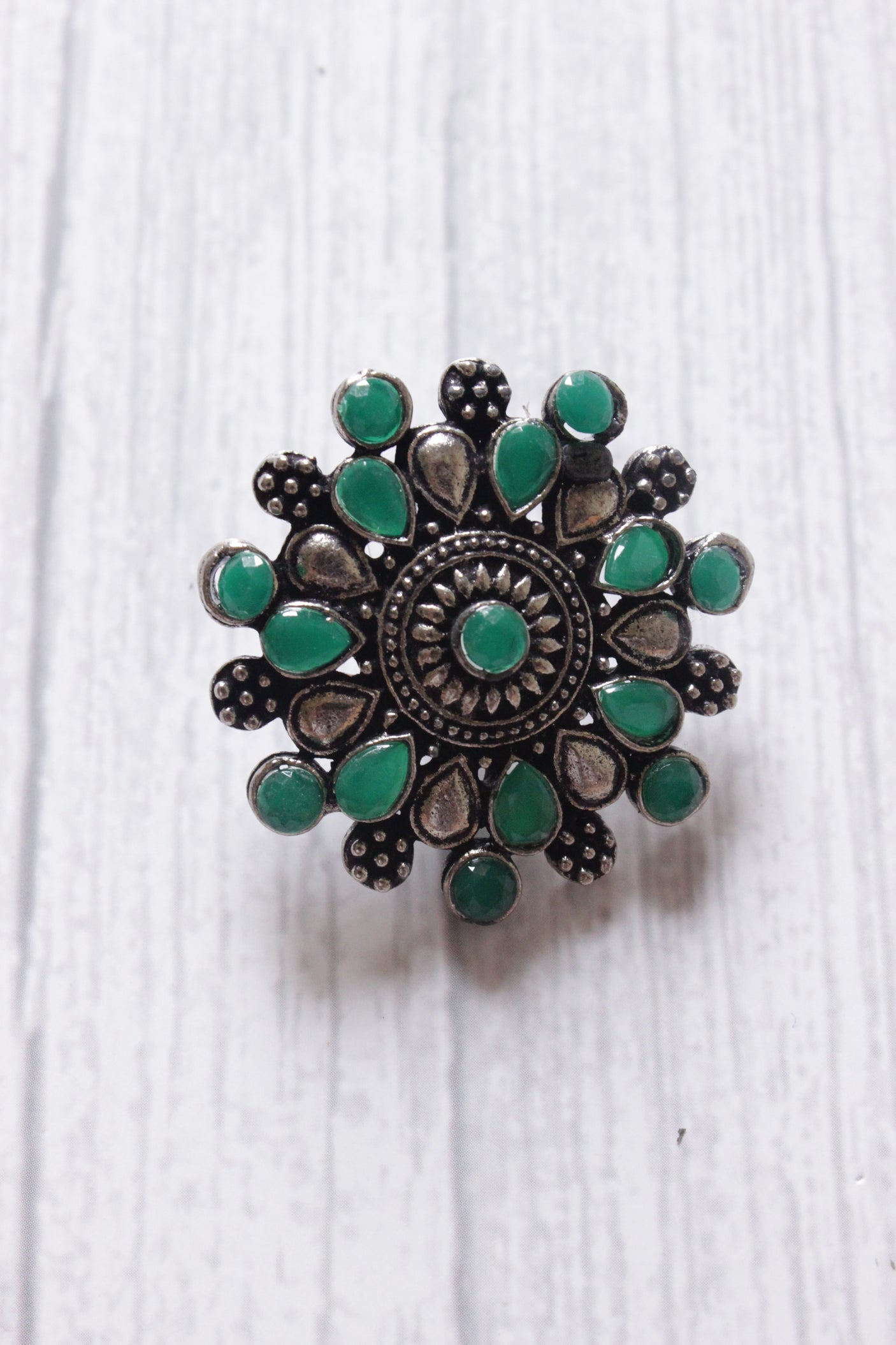 Green Stones Embedded Oxidised Silver Finish Statement Stud Earrings