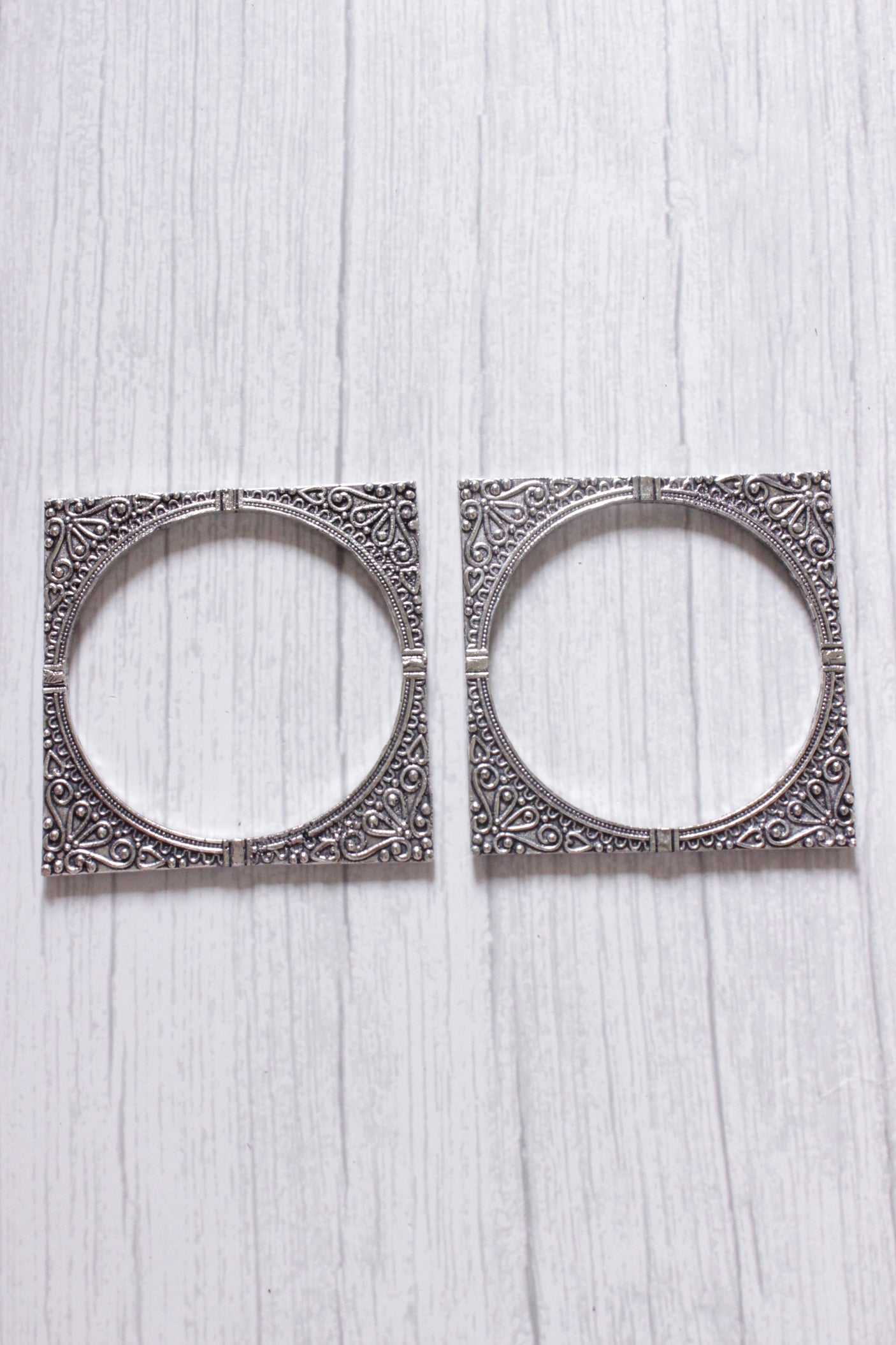 Oxidised Finish Square Silver Metal Bangles - Set of 2