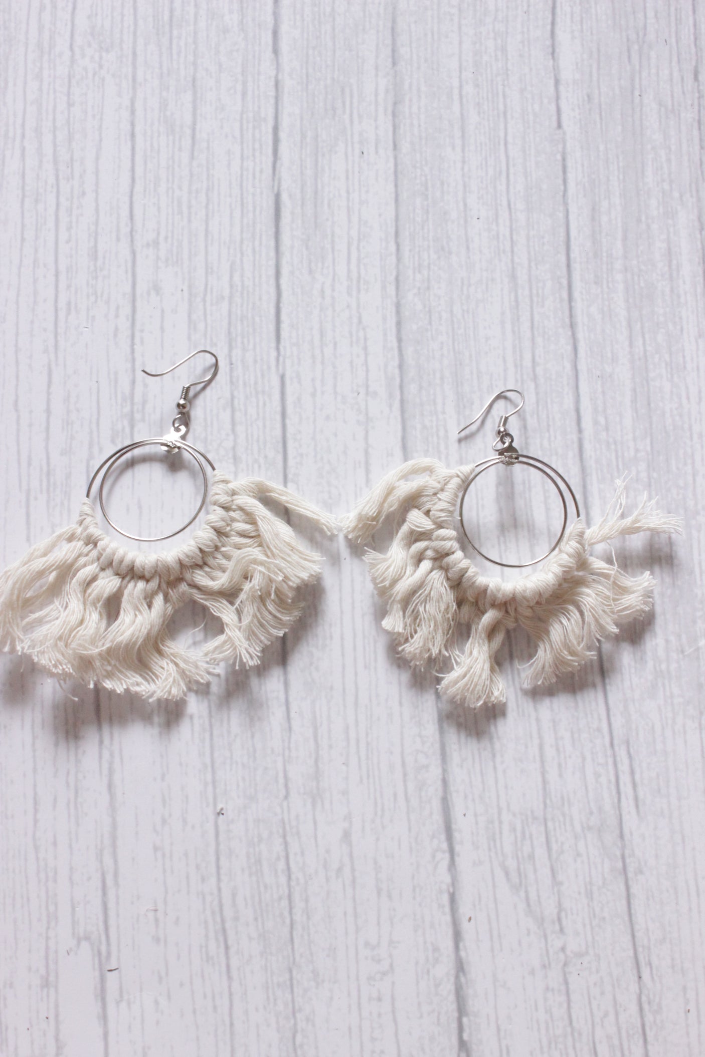 Hand Braided White Macrame Threads Hoop Earrings