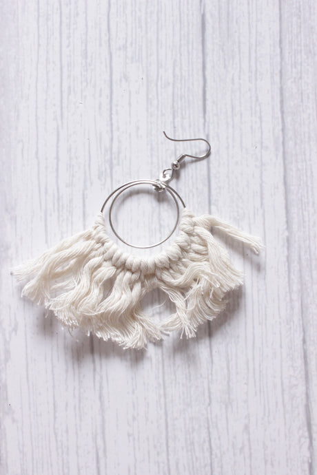 Hand Braided White Macrame Threads Hoop Earrings