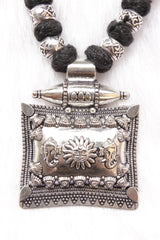 Sun and Elephant Motif Metal Pendant Braided with Fabric Threads and Metal Beads Necklace