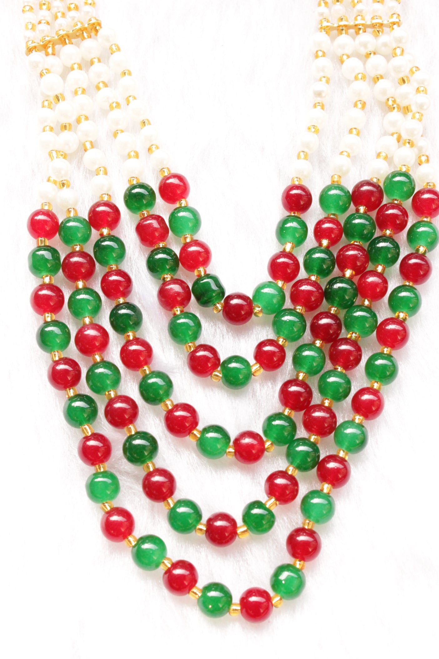 Red, Green and White Glass Beads Braided with Gold Metal Beads 5 Layer Gold Finish Necklace