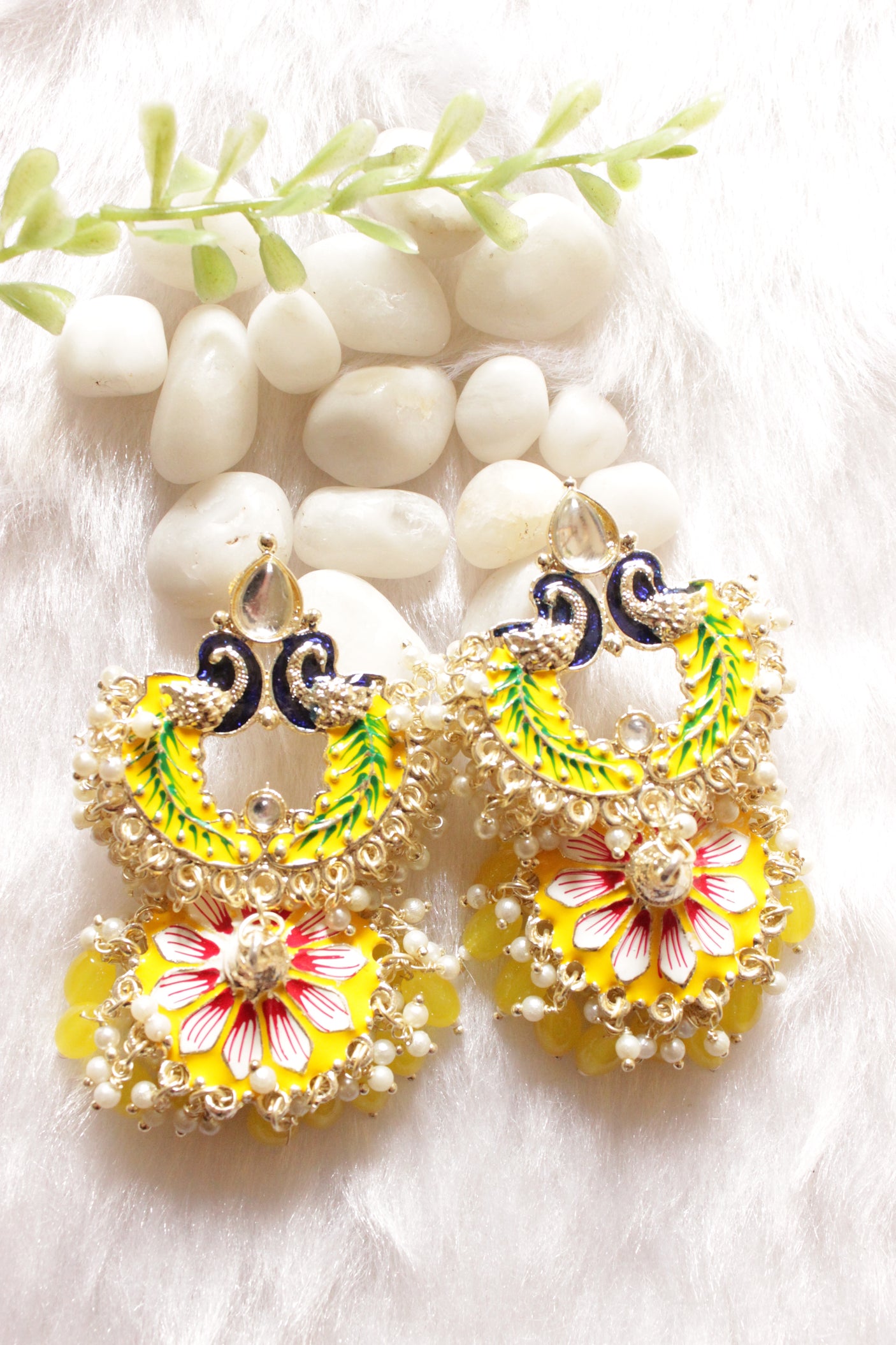 Bright Yellow Hand Painted Meenakari Work Statement Jhumka Earrings Accentuated with White and Yellow Beads