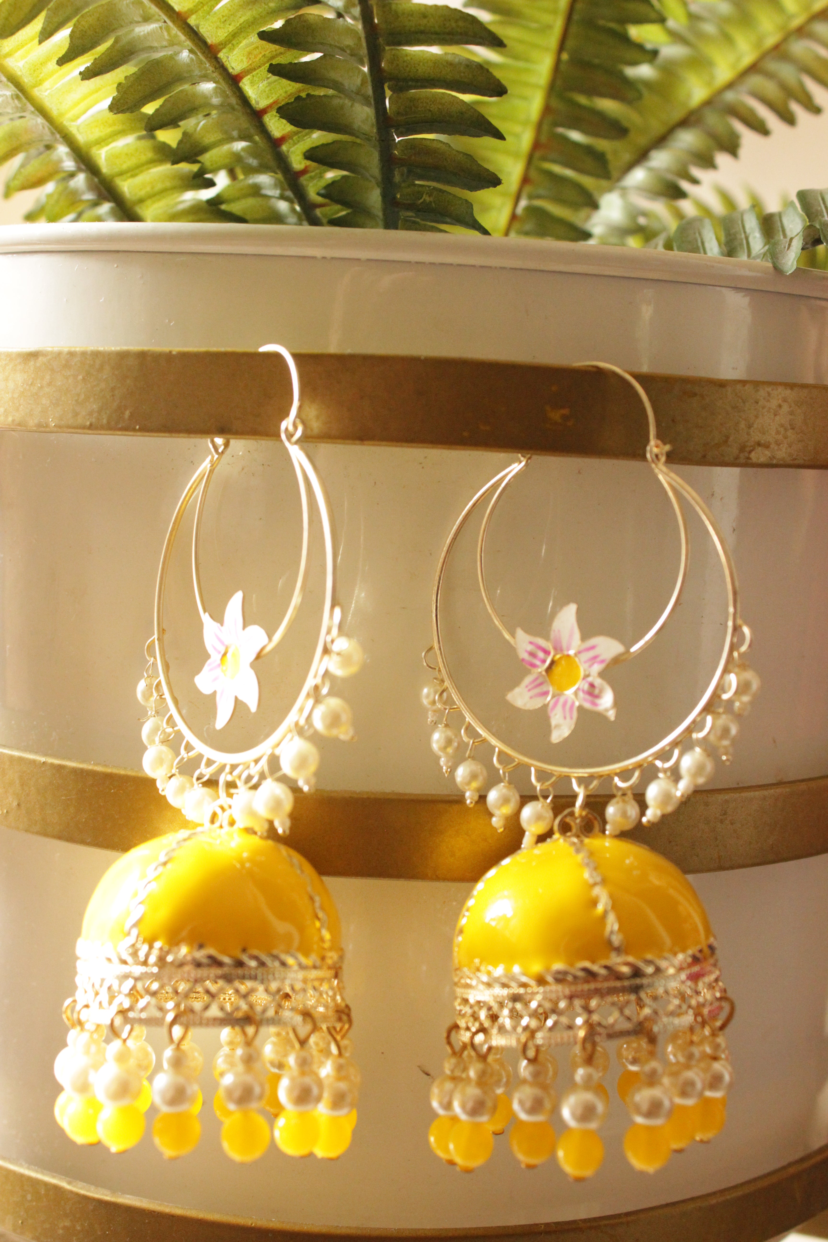 Buy Yellow Chimes Floral Shaped Crystal Peach Long Chain Dangler Earrings  online