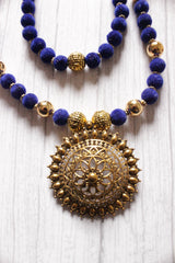 Royal Blue Fabric Beads Antique Gold Finish Religious Motif Pendant