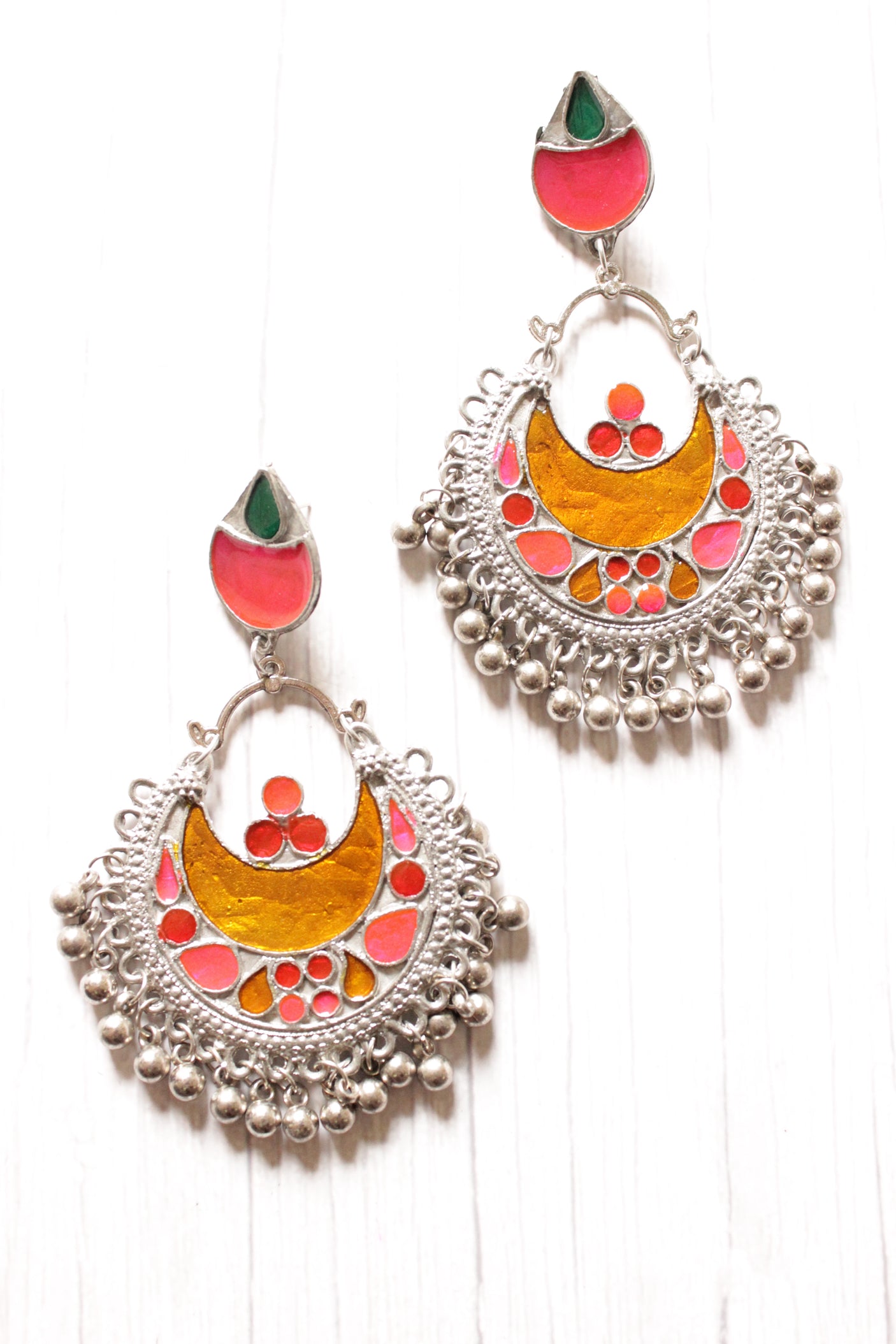 Orange & Pink Enamel Painted Afghani Ghungroo Chandbali Earrings