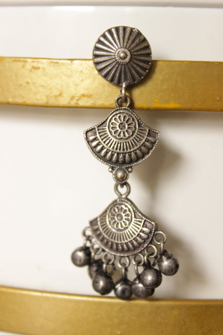 3 Layer Oxidised Finish Metal Dangler Earrings Embellished with Ghungroo Beads