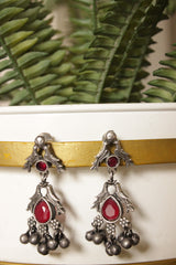 Peacock Motifs Red Center Stone Oxidised Finish Dangler Earrings