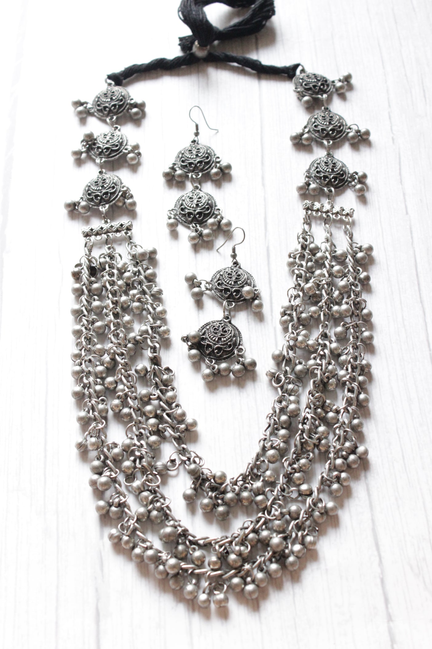 3 Layer Ghungroo Beads Embellished Oxidised Finish Necklace Set