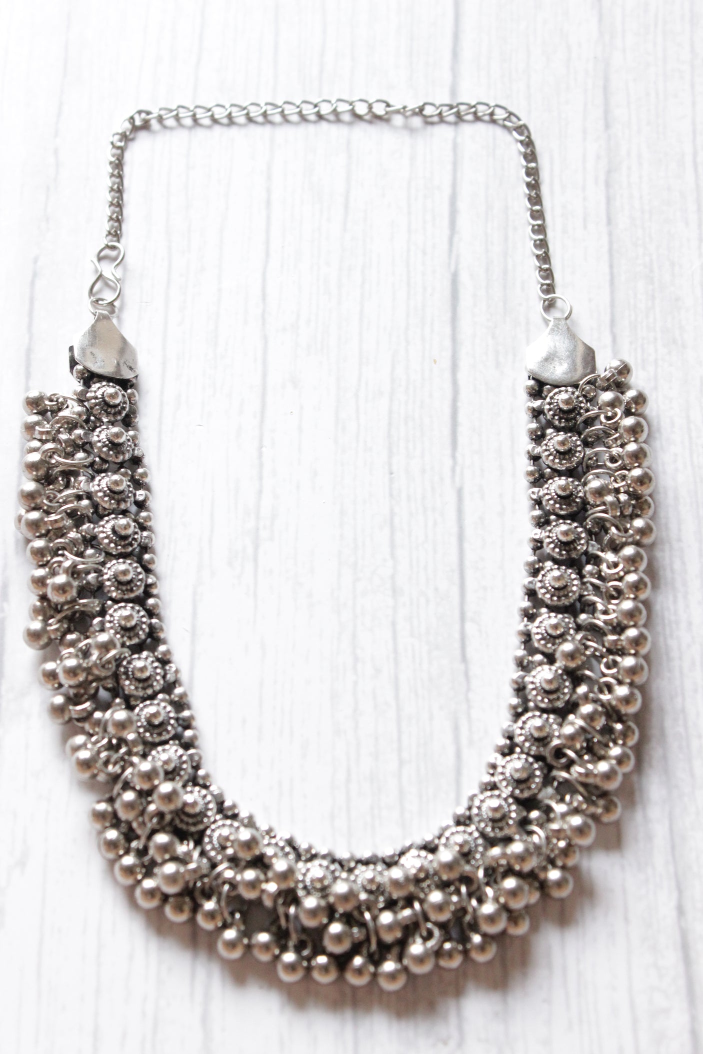 Oxidised Silver Bold Ghungroo Beads Embellished Metal Necklace