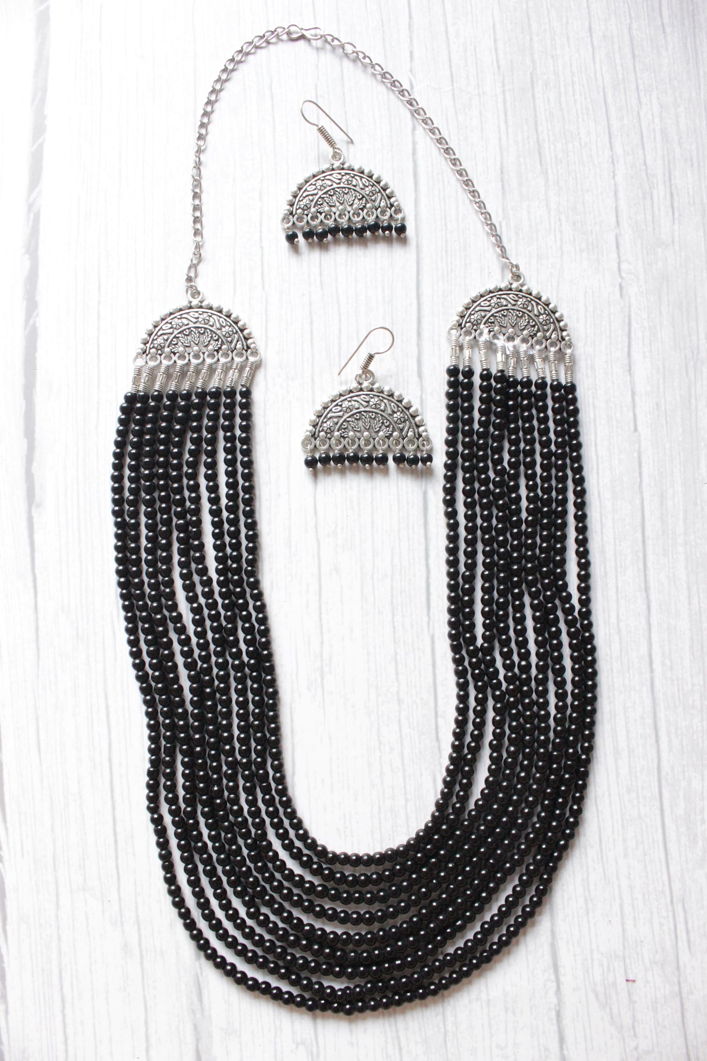 Black Beads Braided 5 Layer Necklace Set with Metal Accents