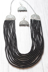 Black Beads Braided 5 Layer Necklace Set with Metal Accents