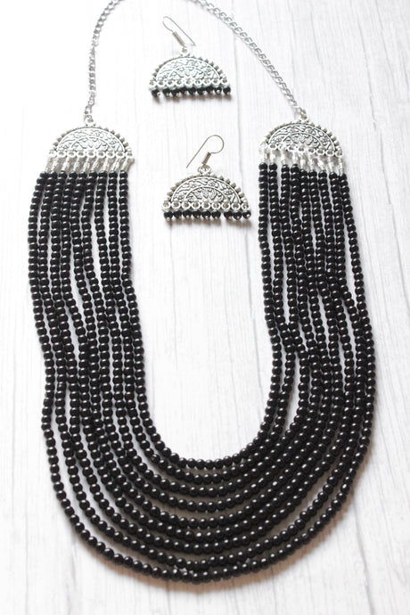 Black Beads Braided 5 Layer Necklace Set with Metal Accents