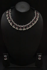 Set Hasli Style Pink Glass Stones Embedded Thread Closure Choker Necklace Set with Nosepin