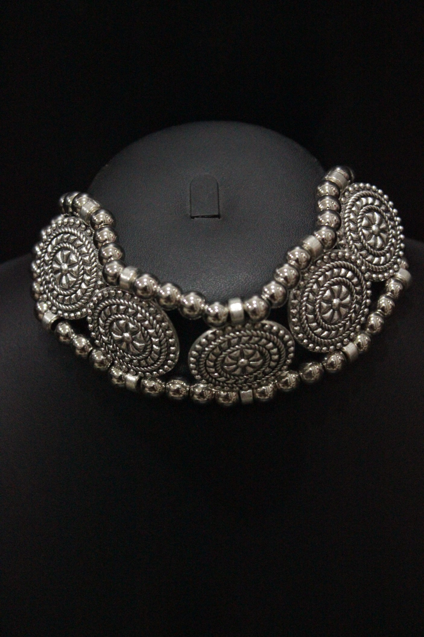 Silver Finish Choker Necklace Set with Thread Closure