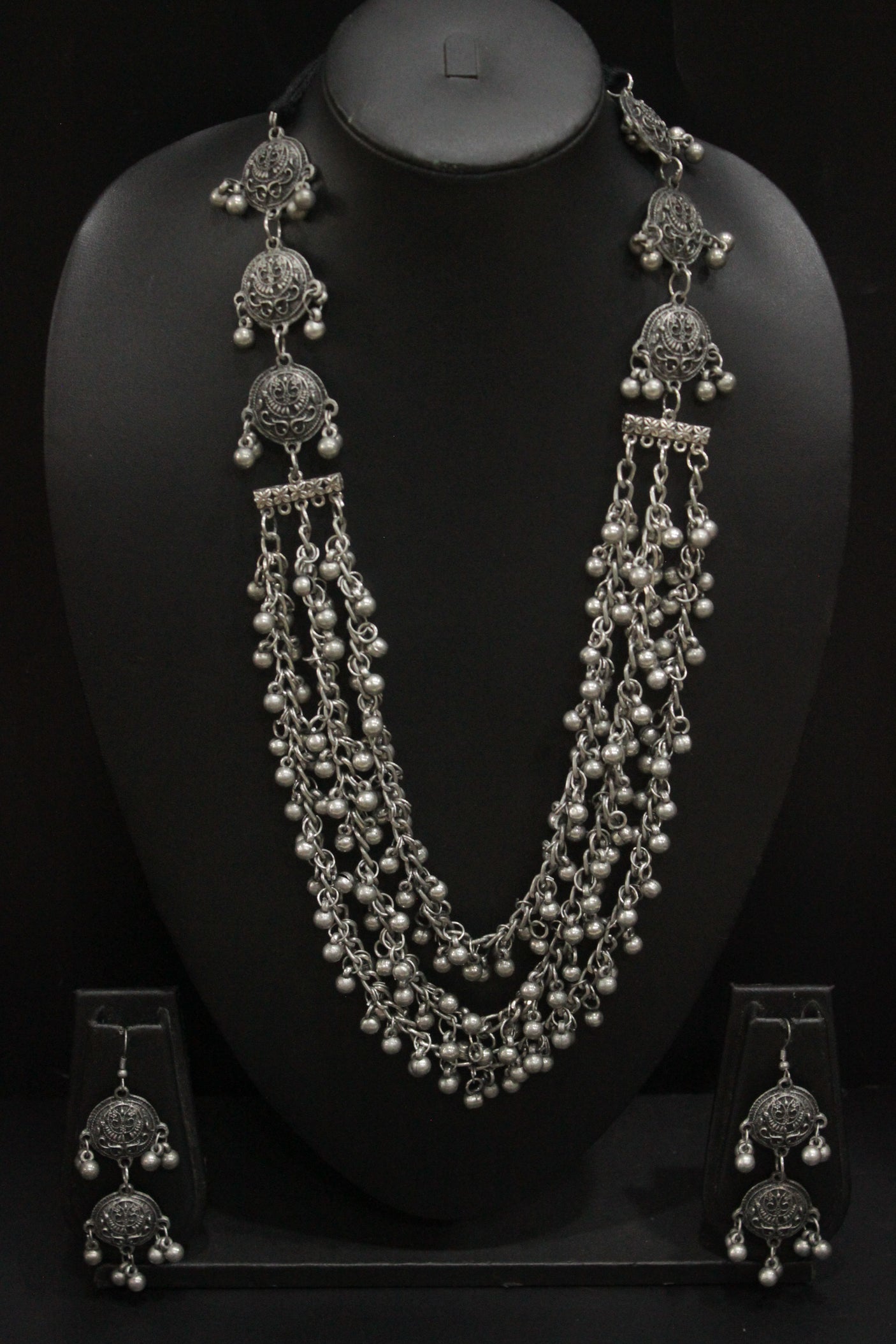 3 Layer Ghungroo Beads Embellished Oxidised Finish Necklace Set