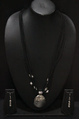 Oxidised Silver Finish Metal Pendant Rope Closure Necklace Set with Metal Accents