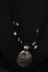 Oxidised Silver Finish Metal Pendant Rope Closure Necklace Set with Metal Accents