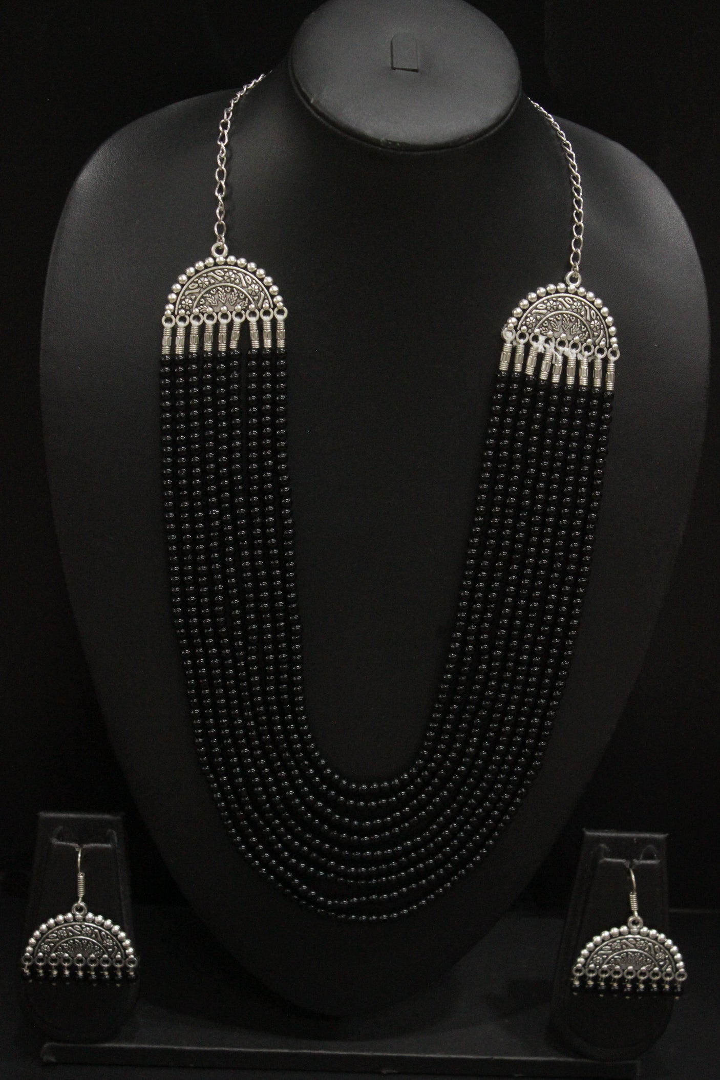 Black Beads Braided 5 Layer Necklace Set with Metal Accents