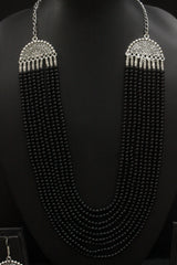 Black Beads Braided 5 Layer Necklace Set with Metal Accents