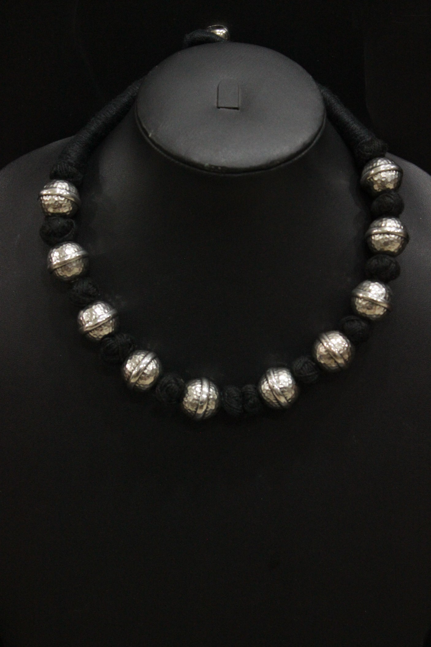 Black Fabric Beads and Oxidised Finish Metal Charms Choker Necklace