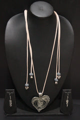 Oxidised Silver Finish Heart Shaped Pendant Rope Closure Necklace Set with Metal Accents