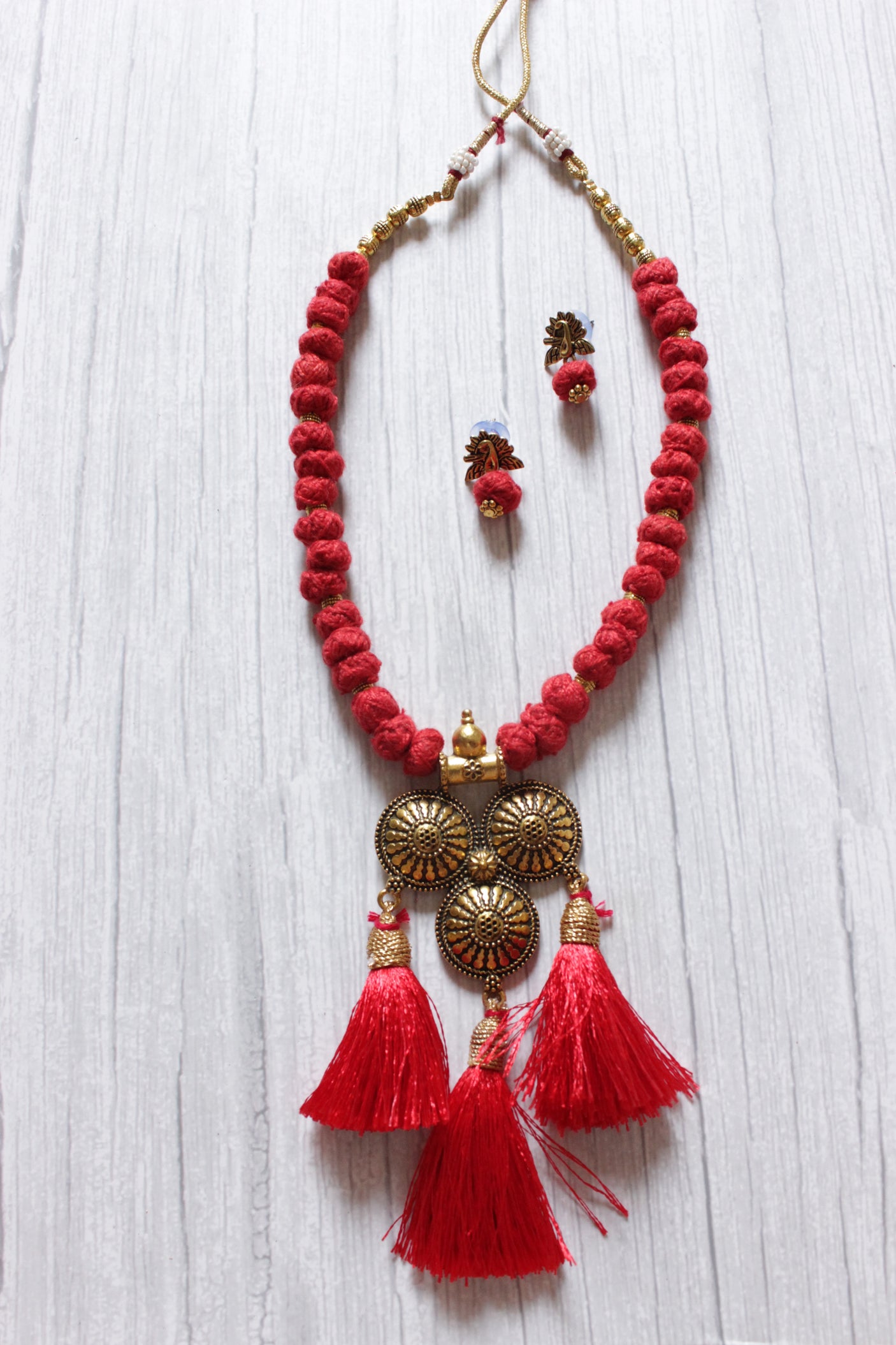 Antique Gold Finish Choker Necklace Set with Fabric Beads Closure and Pom Pom Ends