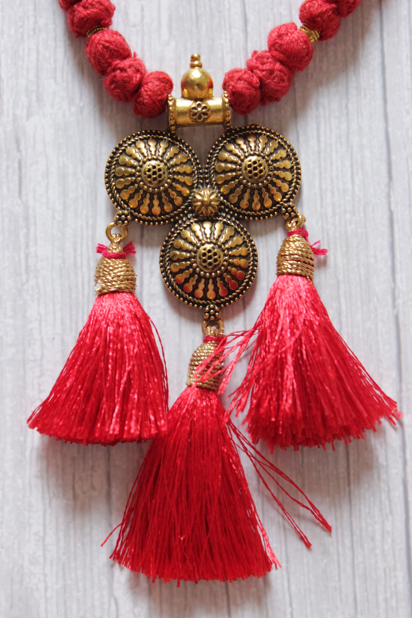 Antique Gold Finish Choker Necklace Set with Fabric Beads Closure and Pom Pom Ends